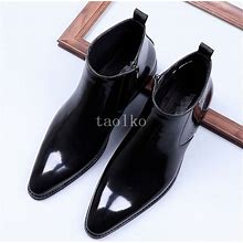 British Men's Real Patent Leather Ankle Boots Shoes Cowboy Zipper Pointed Toe Sz