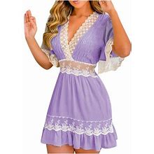 Ichaunyi Summer Dresses Clearance Women Fashion Ruffles Crochet Lace Patch Shirring Detail Floral Print Dress