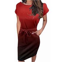 Lhked Women's Gradient Waist Retraction Round-Neck Dress Short Sleeve Midi Summer Dress Plus Size
