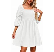 Finelylove Woman Petite Dresses Mommy And Me Dress V-Neck Solid 3/4 Sleeve Mini White