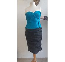 Vintage 90S Strapless Dress By Mascara Blue And Black Ruched Cocktail Dress Size Large L