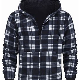 Retro Plaid Sherpa Lined Men's Warm Thick Hooded Jacket Casual Long Sleeve Hoodies With Zipper Gym Sports Hooded,Navy Blue,Customer-Favorite,Temu