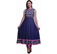 Bimba Navy Blue Floral Anarkali Dress Mandarin Collar Sleeveless Kurtis For Women Print Maxi Dress X-Small