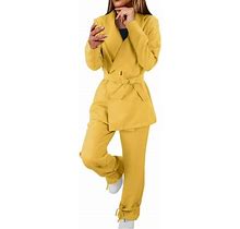 Bifavgk Women's Yellow Ladies Solid Color Tie Long Sleeve Suit Top Fashion Casual Beamtie Pants Set Women S Formal Dresses Fashion Blazers For Women X