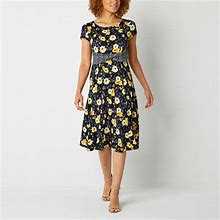 Perceptions Petite Short Sleeve Floral Midi Fit + Flare Dress | Blue | Petites Petite Small | Dresses Fit + Flare Dresses | Easter Fashion