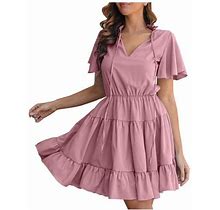 Women's Casual Summer Dress Chiffon Short Sleeve Ruffle Flowy Sundress Solid V Neck Tiered A Line Swing Mini Dress