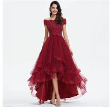 JJ's House A-Line Off The Shoulder Asymmetrical Lace Tulle Holiday Party Dress With Beading Sequins Bow