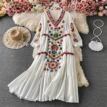 Women Floral Embroidery Cotton Beach Bohemian Mini Dress Short Sleeve