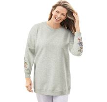 Plus Size Women's Fleece Sweatshirt By Woman Within In Heather Grey Multi Embroidery (Size 5X)