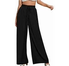 Womens High Waist Drawstring Wide Leg Pants Trousers Solid Casual Loose Lightweight Baggy Palazzo Pants With Pockets