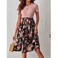 1Pc Floral Print Belted Dress Flower Dress With Sleeves,XL