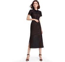 Short Sleeve Elegant Tea Length Black Sheath Dress With Side Splits