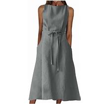 Linen Dress For Women Petite, Women Summer Casual Solid Round-Neck Sleeveless Vest Long Dress