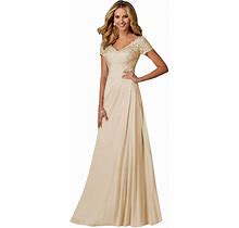 Chiffon Mother Of The Bride Dresses Long Lace Appliques V-Neck Pleat Mother Bride Dresses For Wedding With Sleeves
