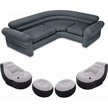Intex Inflatable 2 in 1 Inflating And Deflating Valve Corner Living Room Corner Sectional Sofa Couch With Set Of 2 Lounge Chair And Ottoman, Gray