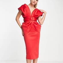 ASOS DESIGN Tall Drape Shoulder Belted Midi Dress In Red - Red (Size: 0)