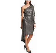 Vince Camuto Womens Silver Ruched Trailing Panel Long Sleeve Asymmetrical Neckline Knee Length Formal Sheath Dress 6
