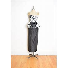 Vintage 80S Dress Black White Floral Print Strapless Peplum Bow Party Prom XS XXS Clothing