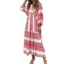 Women Casual Maxi Dress Bohemian Floral V Neck Puff Short Sleeve Beach Tiered Sundress Long Swing Dress