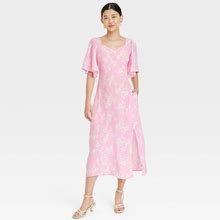 Women's Crepe Flutter Short Sleeve Midi Dress - A New Day Pink/White Floral XS