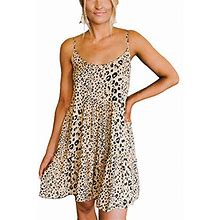 LEANI Women's Summer Spaghetti Strap Short Dresses Leopard Print Ruffle Sundress A-Line Midi Babydoll Dress