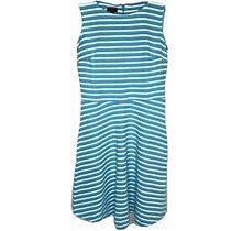 Talbots Dress $72 Turquoise Blue White Stripe Pleated Fit Flare Small