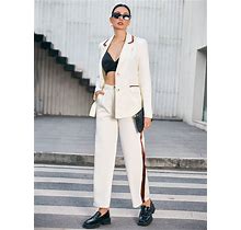 Colorblock Notched Lapel Single Breasted Suit Jacket And Straight Leg Suit Pants Set,M