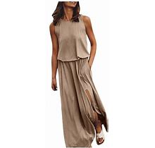 Xiuh Maxi Dress For Women Sleeveless Crew Neck Swing Dress Solid Color Ruched Tiered Side Split Dress Khaki XL