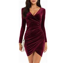GUBERRY Womens Wrap V Neck Long Sleeve Velvet Bodycon Ruched Cocktail Party Dress | Wine | XL