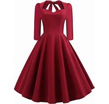 Vintage Solid 3/4 Sleeve Midi Dress - Wind Red
