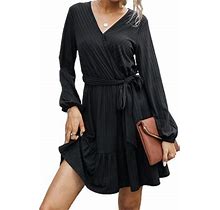 Genema Women Puff Long Sleeve Faux Wrap V-Neck Ribbed Belted Black Mini Swing Dress