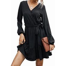 Genema Women Puff Long Sleeve Faux Wrap V-Neck Ribbed Belted Black Mini Swing Dress