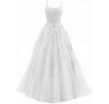Gzea Spring Formal Dress Women's Spaghetti Strap Dress Long Tulle Lace Applique Party Dress White,M