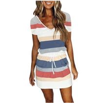 Yodetey Womens Adjustable Stripe Waistline Midi Dress With Pockets
