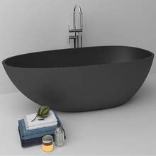 Oval Freestanding Soaking Bathtub Stone With Center Drain & Overflow In Matte Black