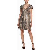 Vince Camuto Metallic Jacquard V-Neck Dress - Slate - Size 10