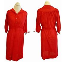 Vintage Womens Red Polka Dot Semi-Sheer Popover Sheath Dress Smocked Medium