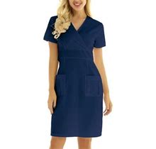 Follure Women's Solid Short Sleeve Scrub Dresses V Neck Casual Scrubs Medical Uniform Women Summer Knee Length Tunic Dress With Multi Pocket