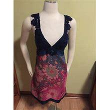 Free People Blue Pink Crochet Floral Wool Dress 6 Excellent