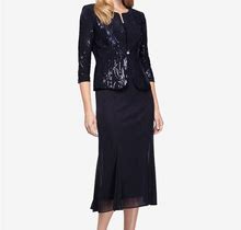 Alex Evenings Sequined A-Line Midi Dress And Jacket - Navy - Size 16
