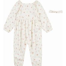 Levi's Baby Girls Long Sleeve Floral Jumpsuit And Headband, 2 Piece Set - Antique White
