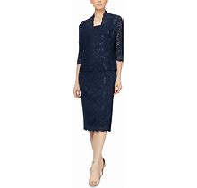 S.L. Fashions Women's Tea Length Sequin Lace Dress With Illusion Sleeve Jacket