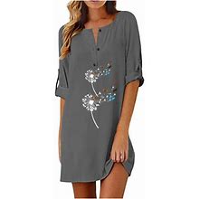 Tagold Fall Winter Savings Clearance For Womens Dresses,Women's Fashion Summer Casual Print Mid-Sleeve Round Neck Button Dress Gray 8