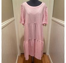 Suzanne Betro Dresses | New Suzanne Betro Pink Tiered Cotton Blend Dress Lace Short Sleeves Women's Xl | Color: Pink | Size: Xl