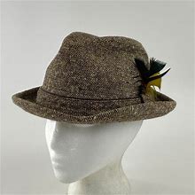 Stetson Fedora Hat Size 6 7/8, Brown Wool Tweed, Feather Accent