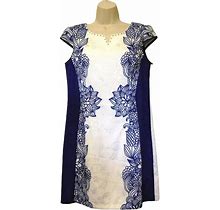 Floral Dress White Blue Insets Cap Sleeves Size 10 Check Measurements NEW