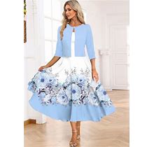 Rotita Women's Light Blue Two Piece Floral Print Dress And Cardigan - Large