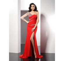Red Evening Dress Chiffon One-Shoulder Sheath Long 2024