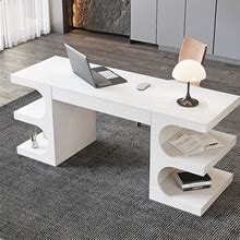 Homary 64.2" Wooden Writing Desk Modern Office Desk With Drawer & 4 Open Shelves White Size 1