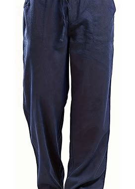 Pocket Elastic Waist Solid Long Trousers, Men's Linen Loose Weekend Casual Plain Cotton Large Pants Trousers,Navy Blue,Handpicked,Temu